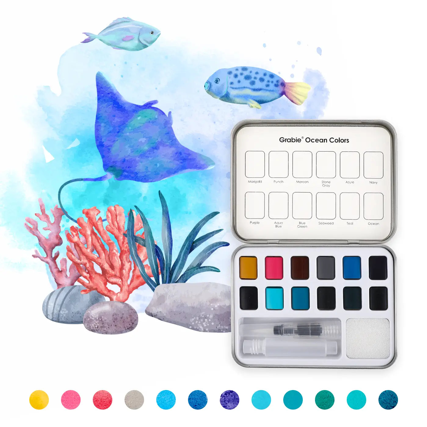 Pocket Palette w/ travel brush -- Ocean Colors