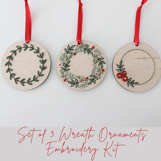 Christmas Wreath Ornament Embroidery Kit - Set of 3