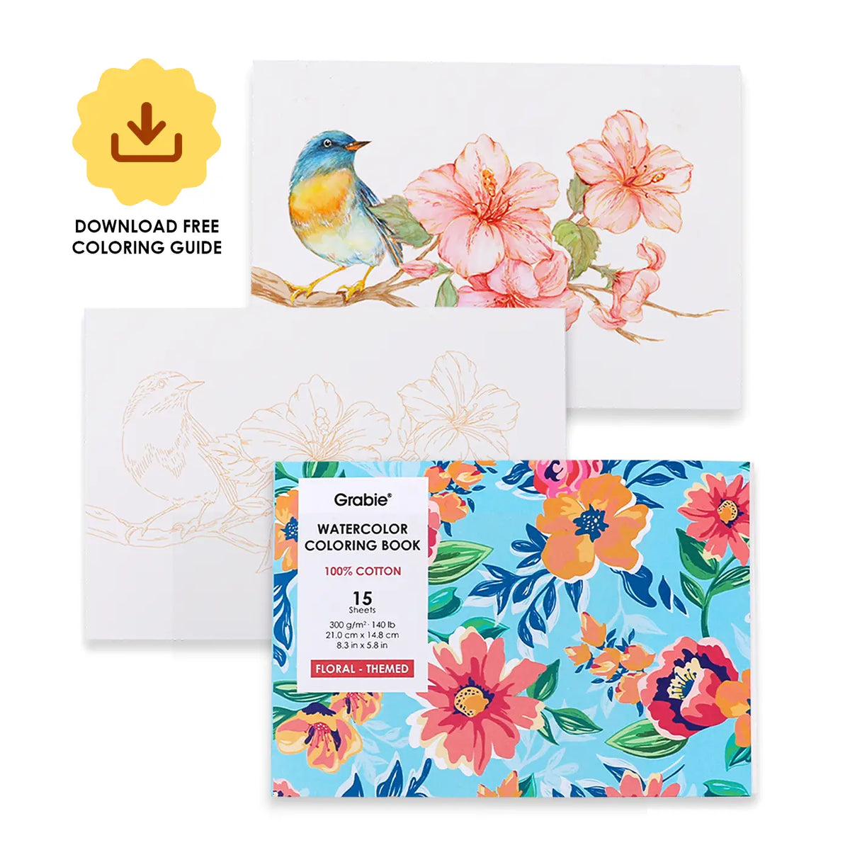 Floral-Themed Watercolor Coloring Book, 15 Sheets, 140lb
